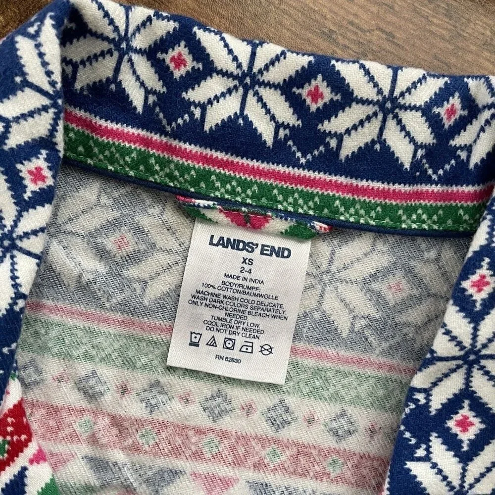 Lands End Womens Nightgown XS 2 4 Cotton Flannel Fair Isle Print Nightshirt PJs